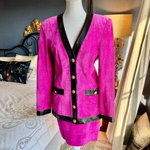 Danier Vintage 80s/90s Fuchsia Pink and Black Suede Leather Blazer and Skirt Set